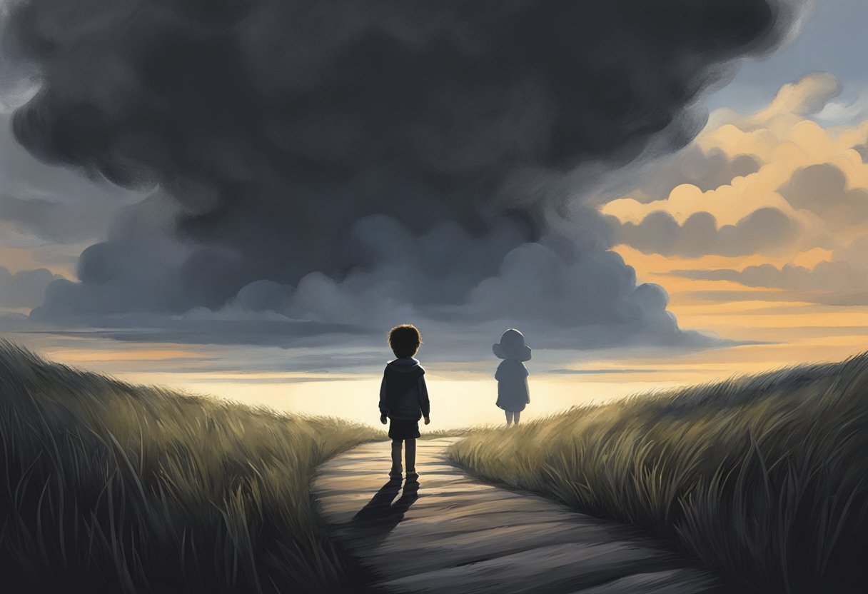 A dark cloud looms over a child's shadow, casting a heavy weight on their spirit. The shadow grows longer, intertwining with the child's path, symbolizing the lasting impact of emotional abuse