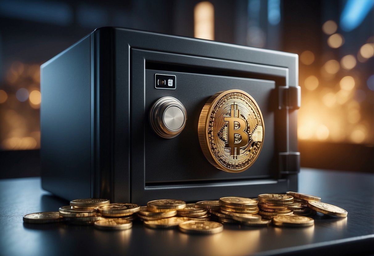 A secure cryptocurrency investment scene: A locked safe with a digital wallet inside, surrounded by a shield and guarded by a security system