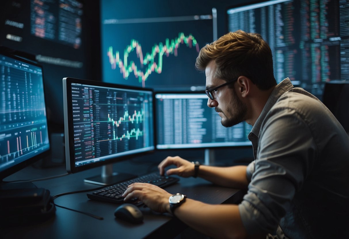 A person researching cryptocurrency with a computer, surrounded by security features and investment charts