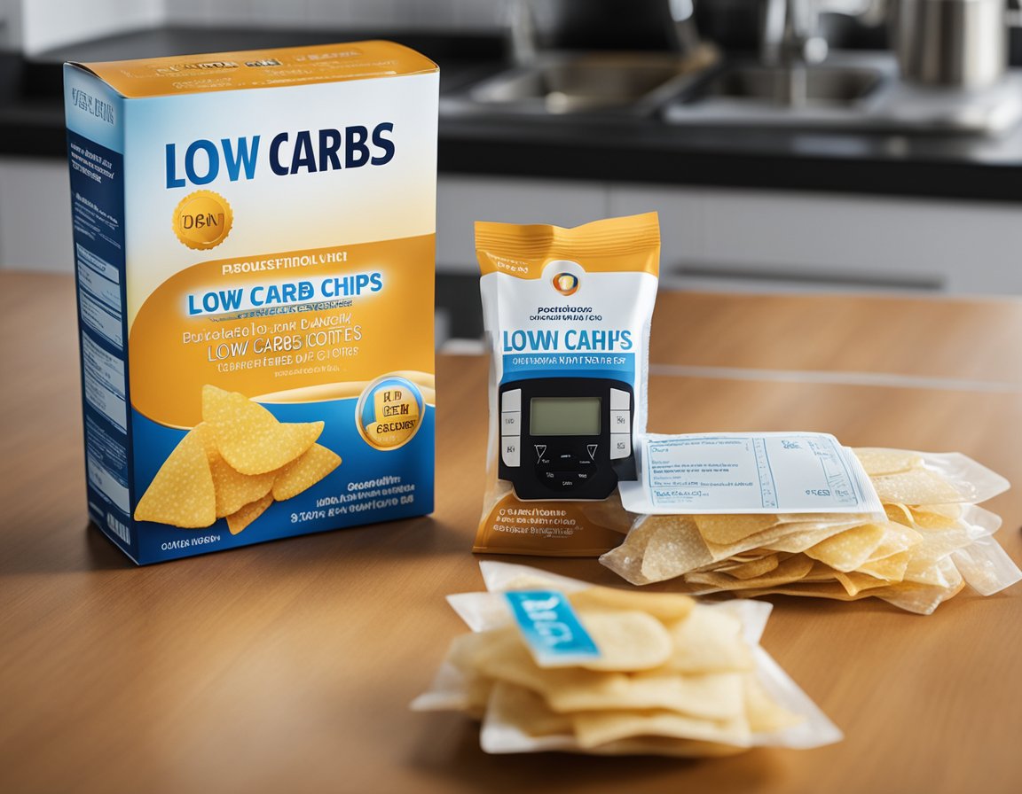 A bag of low-carb chips sits on a kitchen counter next to a blood glucose monitor and a diabetes education pamphlet