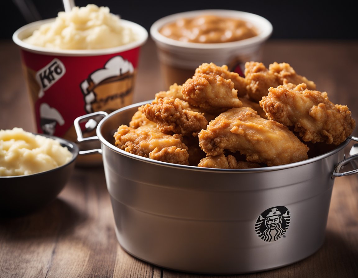 A bucket of KFC fried chicken with a side of mashed potatoes and gravy