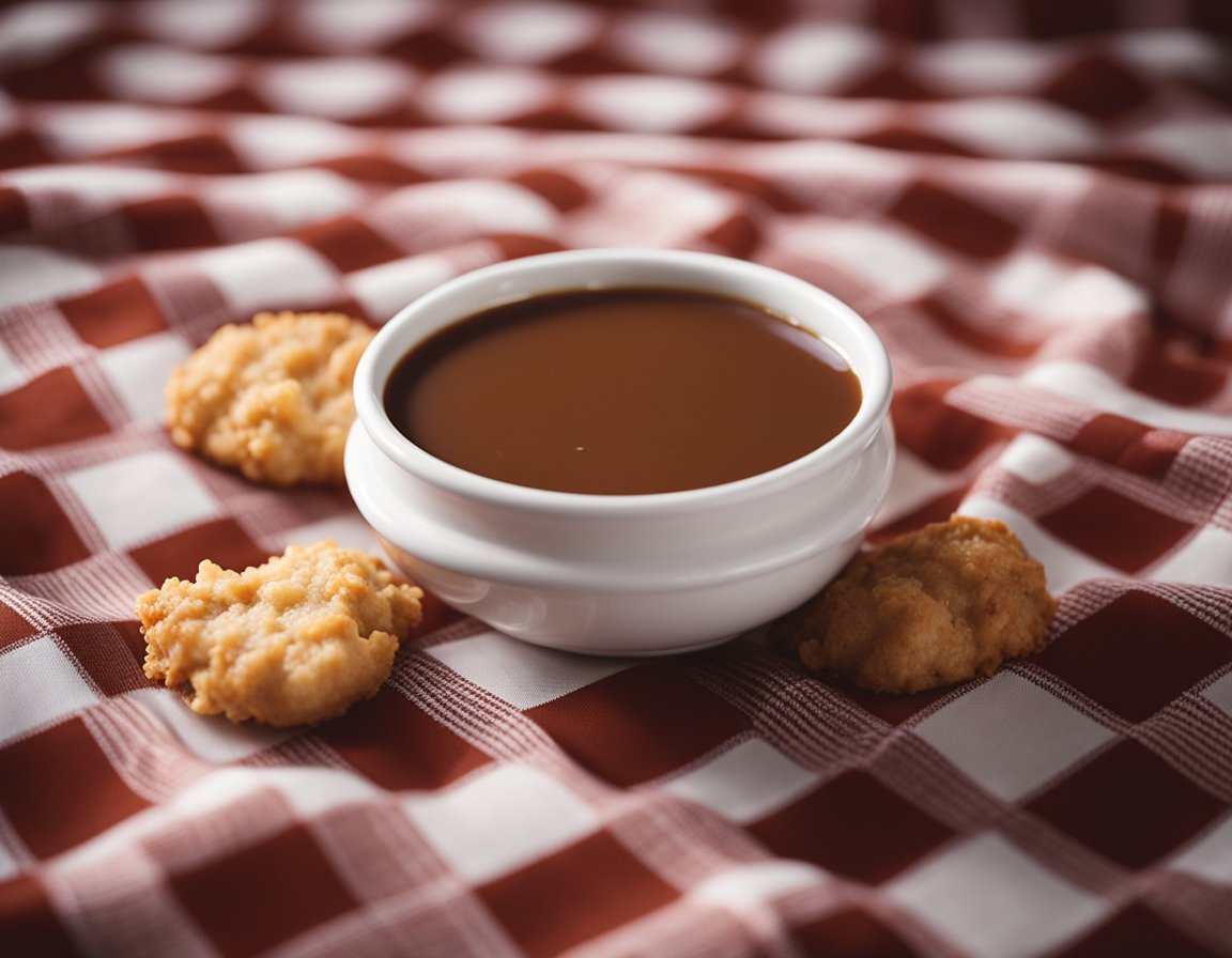 A steaming bowl of KFC's signature brown gravy sits on a checkered tablecloth, with a hint of pepper sprinkled on top