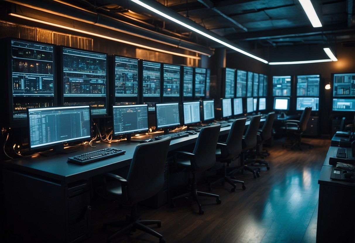 A computer room filled with rows of mining rigs, each humming with activity as they work to solve complex algorithms and mine cryptocurrency