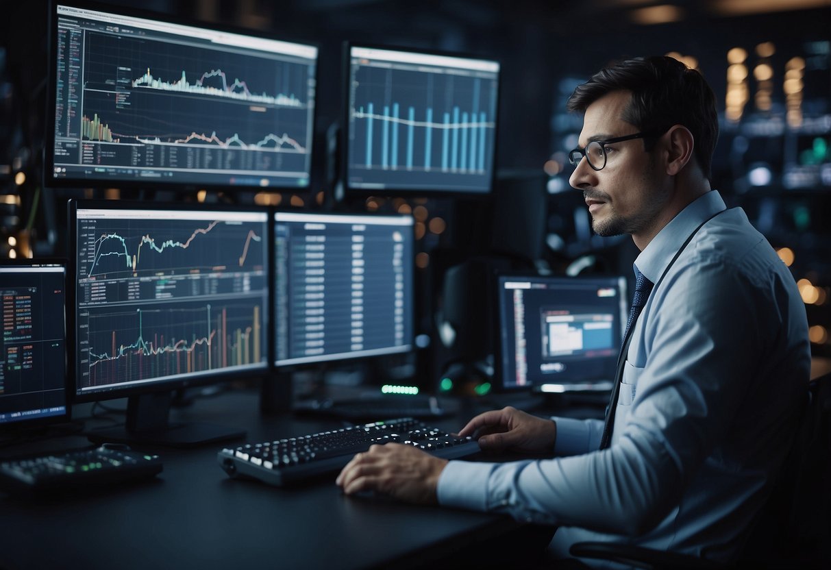 A computer surrounded by charts and graphs, with a mining rig in the background. A person analyzing data on the screen, pondering the viability of cryptocurrency mining