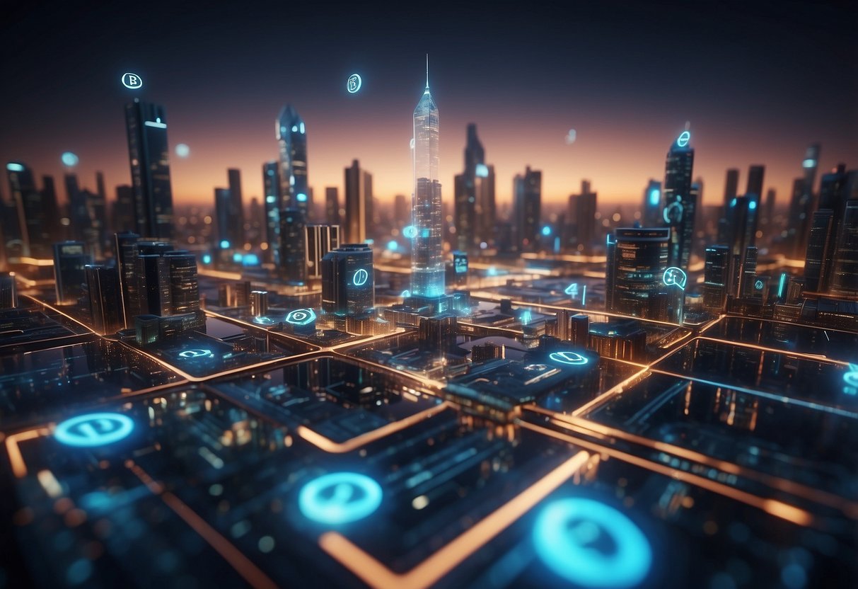 A futuristic cityscape with digital currency symbols floating above decentralized finance platforms