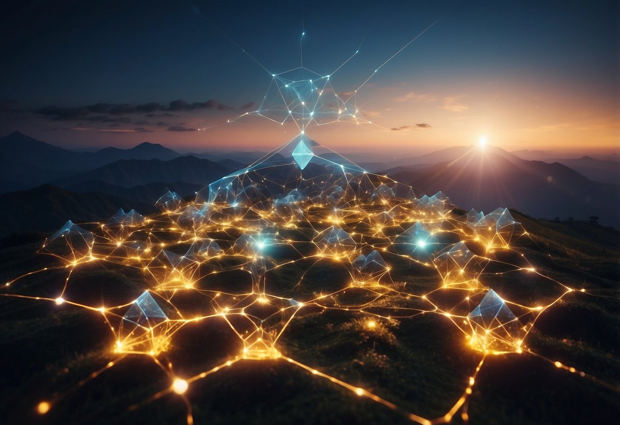 A digital landscape with interconnected nodes and blockchain technology, representing the future of decentralized finance (DeFi)