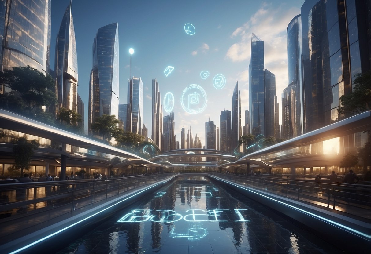 A futuristic cityscape with decentralized finance symbols floating above buildings, representing the challenges and opportunities of DeFi