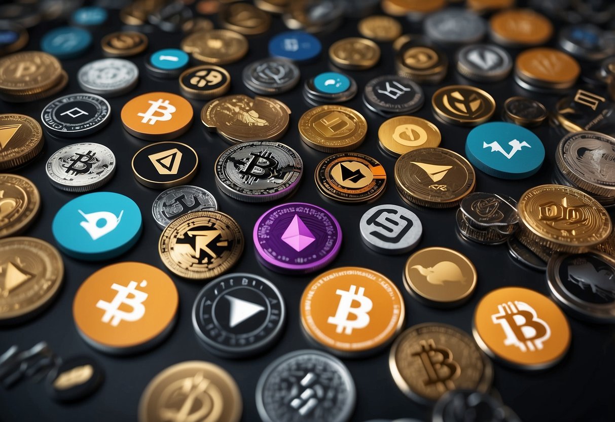 A diverse array of emerging cryptocurrencies, each with their own unique symbols and logos, are scattered across a digital landscape, presenting both opportunities and risks for investors