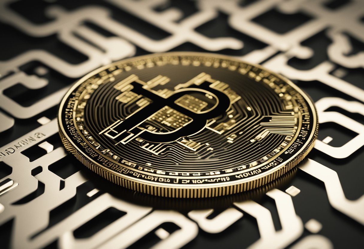 A digital currency logo surrounded by computer code and lock symbols