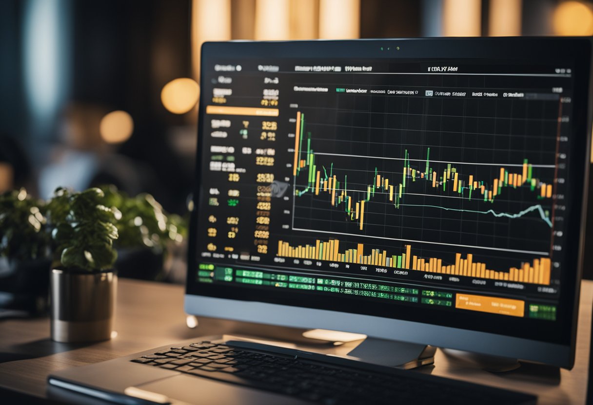 A computer screen displaying cryptocurrency charts and graphs, with a stack of physical coins and a digital wallet nearby