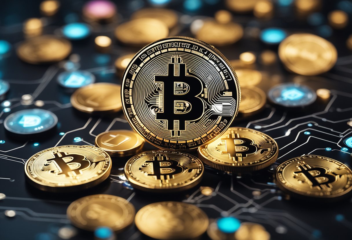 Various major cryptocurrencies (Bitcoin, Ethereum, etc.) floating in a digital space, surrounded by blockchain symbols and data streams