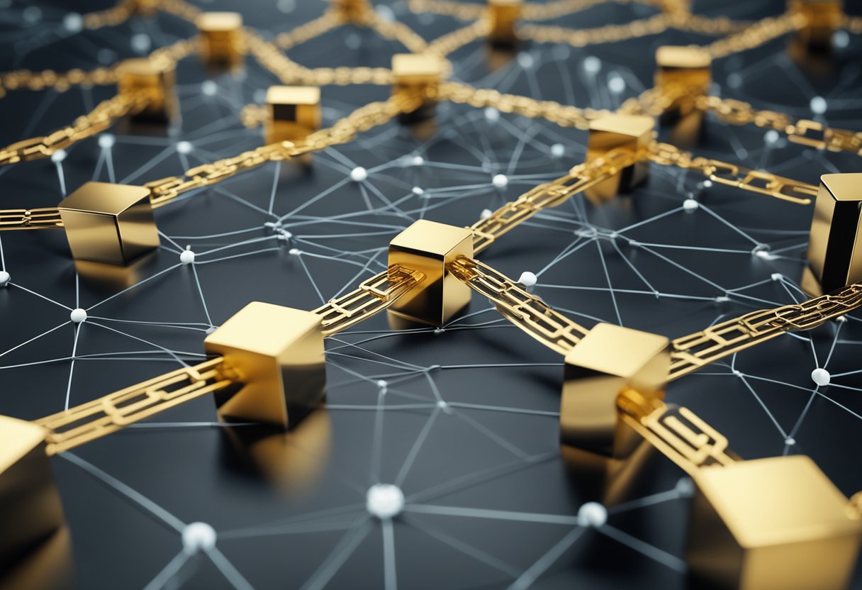 A digital currency floating above a network of interconnected nodes, with lines representing transactions and blocks forming a secure chain