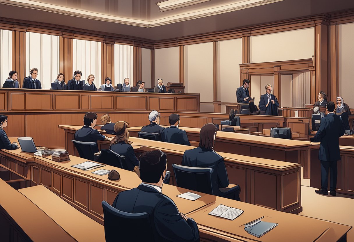A courtroom with judges and lawyers discussing cryptocurrency regulations