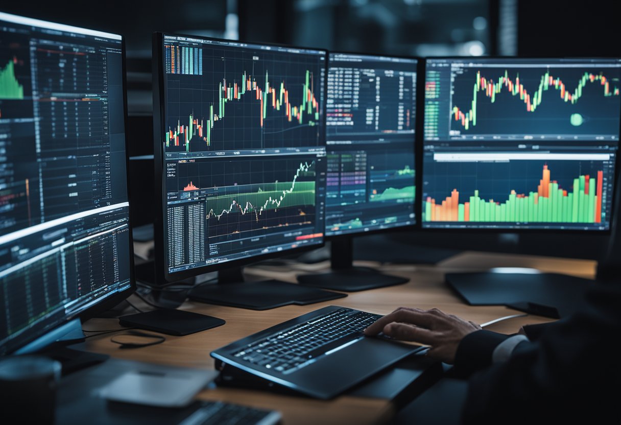 Multiple computer screens displaying real-time crypto trading charts and investment portfolios, surrounded by stacks of financial reports and analysis