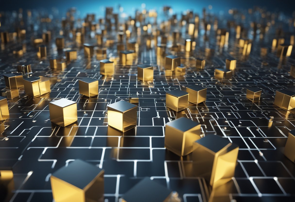 A network of interconnected blocks, each containing encrypted data, forming a secure and transparent system for cryptocurrency transactions