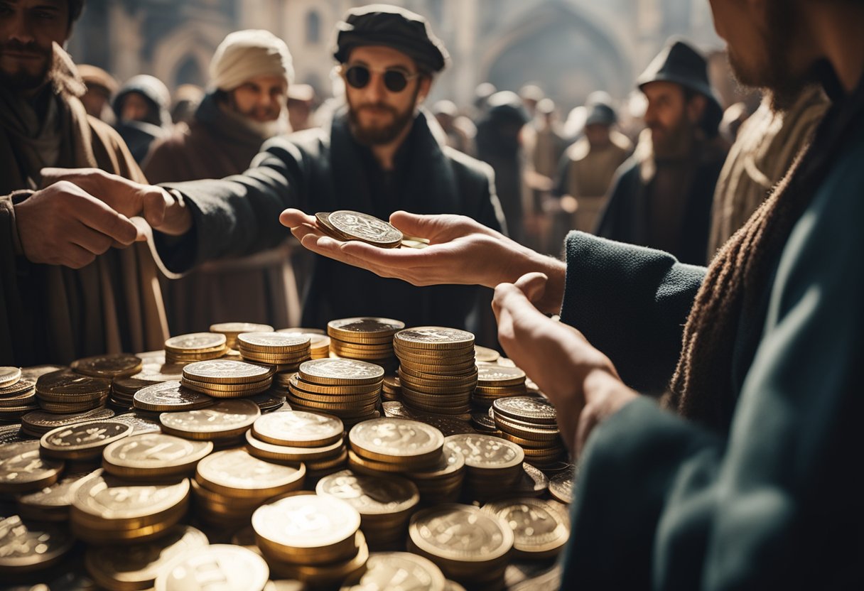 A group of people exchanging digital currency in a medieval marketplace