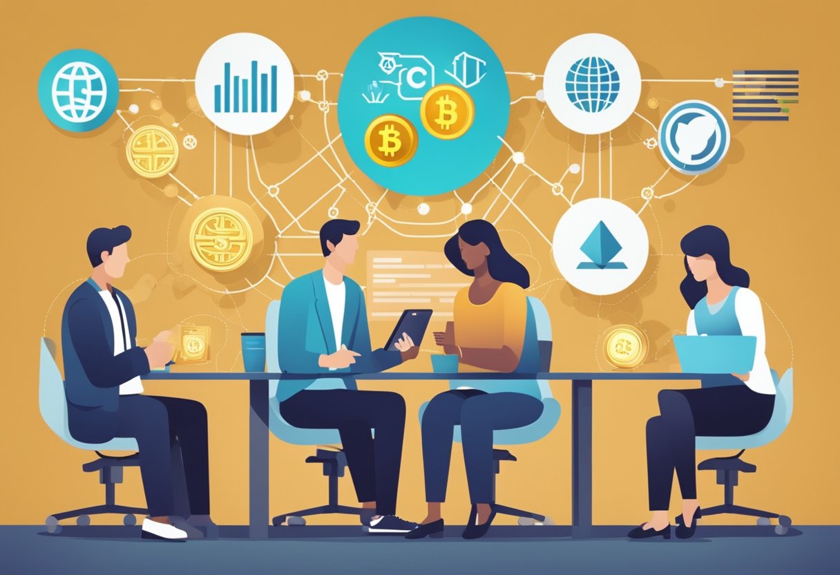 A group of people exchanging goods and services using digital currency, with a decentralized network of computers verifying transactions