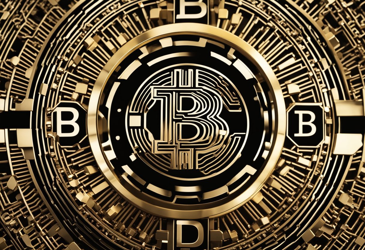 A digital coin with a "B" logo emerging from a chain of interconnected blocks, symbolizing the birth of Bitcoin, the first cryptocurrency