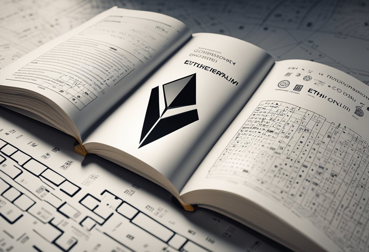An open book with Ethereum logo and lines of code, surrounded by blockchain symbols and smart contract diagrams