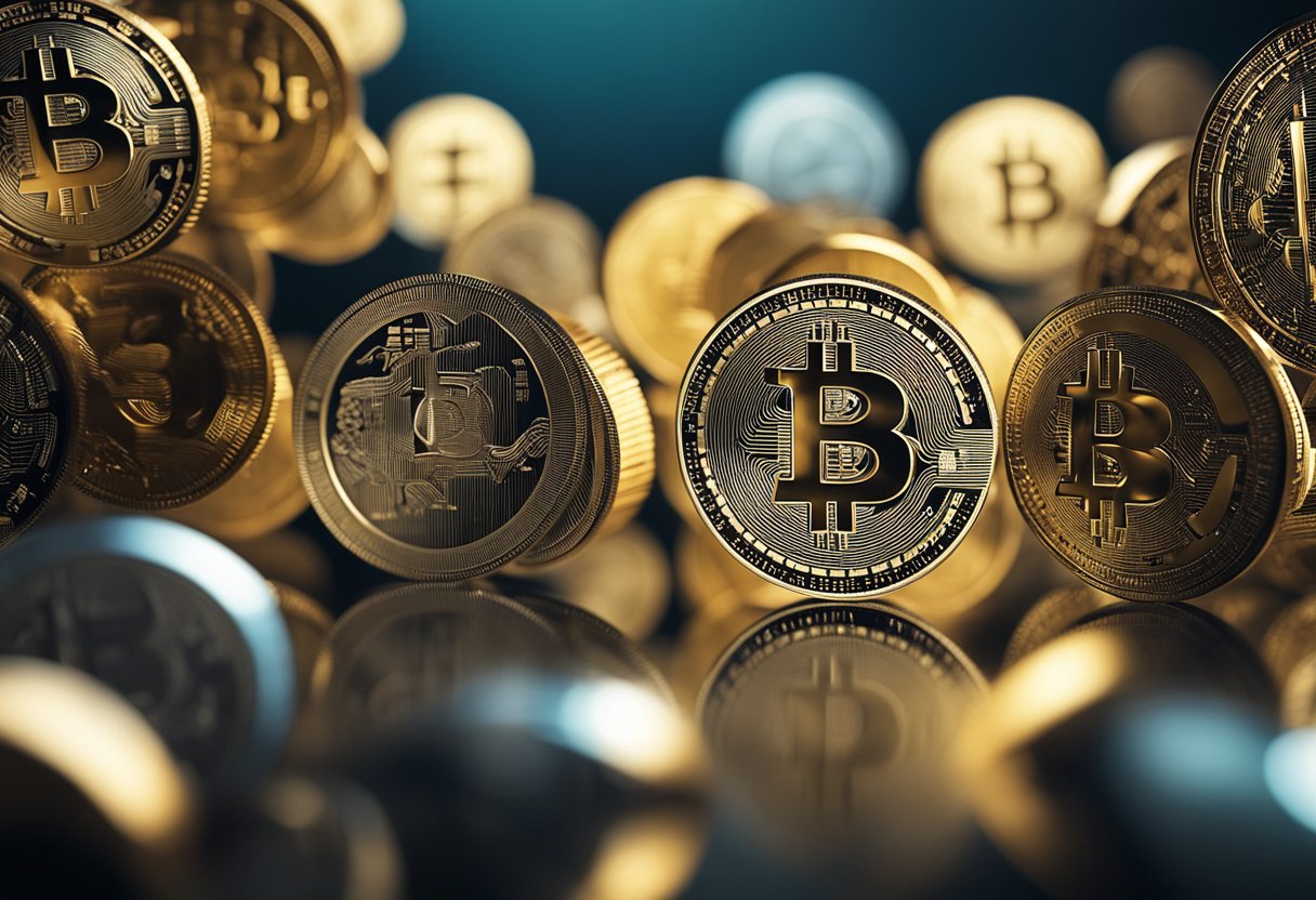 A vibrant network of interconnected digital currencies and blockchain technology, with a backdrop of historical milestones and technological advancements