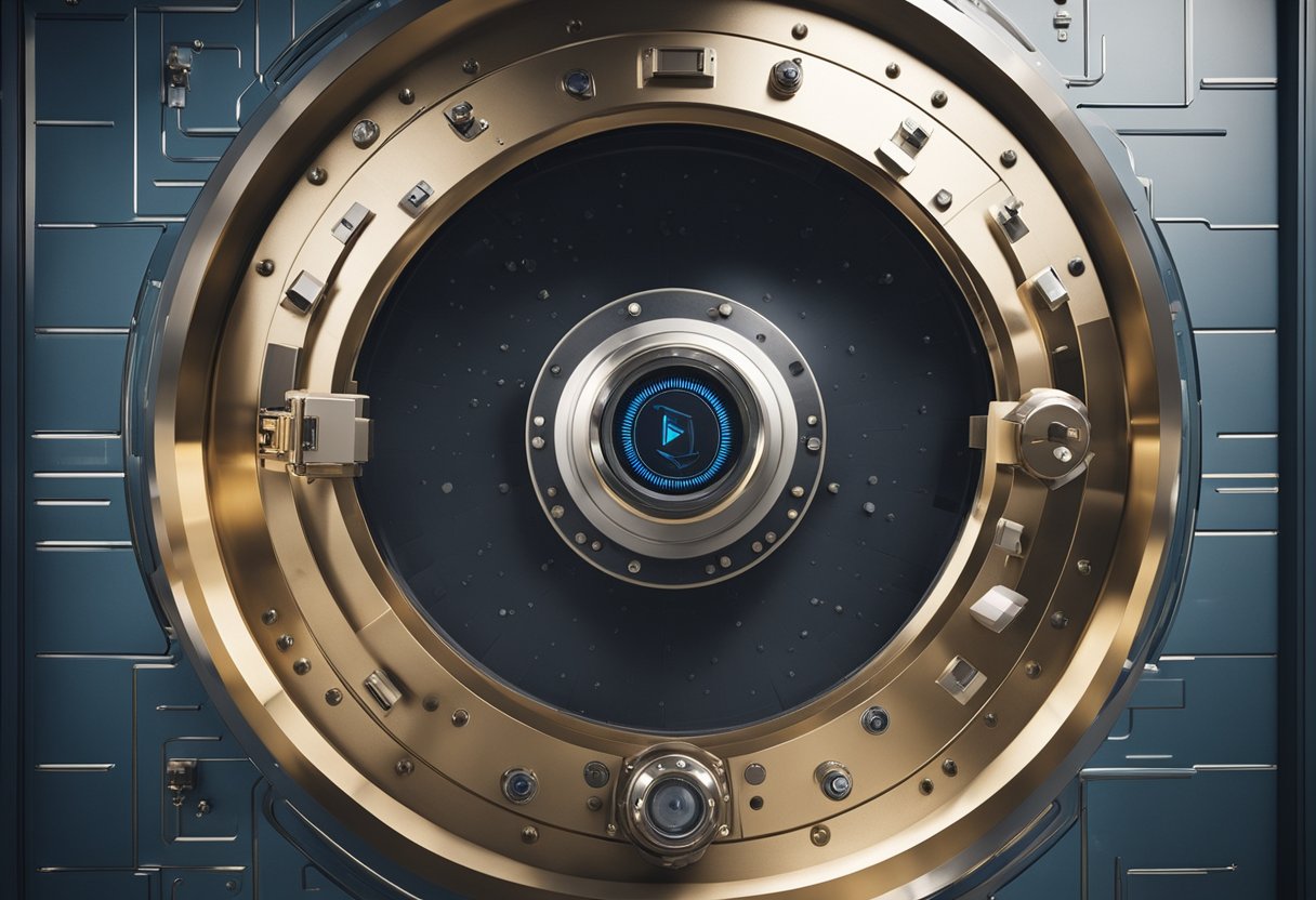 A vault door seals with a click, guarded by a vigilant security camera. A blockchain network hums in the background, ensuring the integrity of cryptocurrency transactions