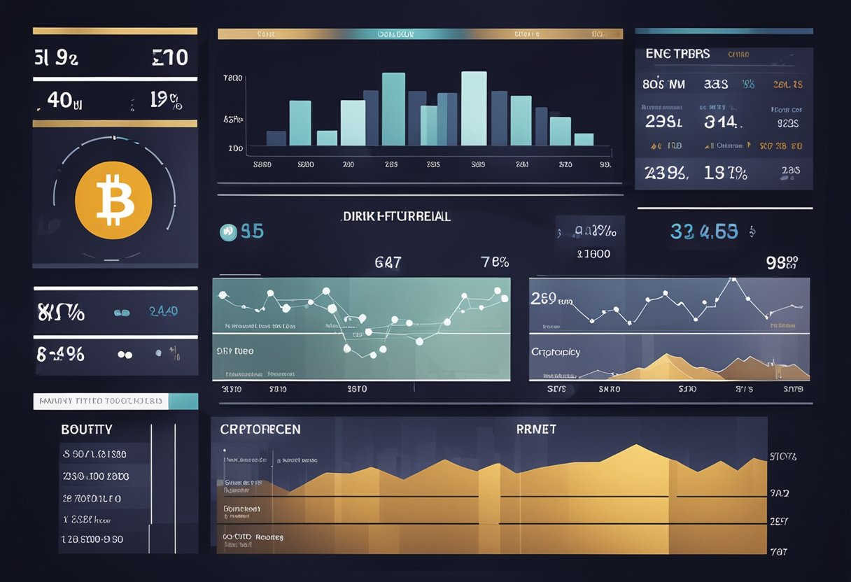 Various graphs and charts displaying market trends and data, with fluctuating numbers and arrows indicating changes in cryptocurrency rates