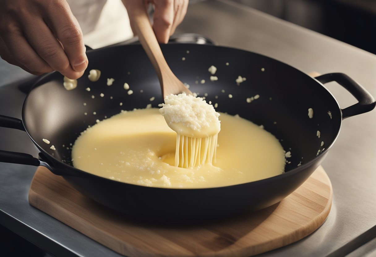A chef stirs butter, cream, and Parmesan in a pan over low heat. The sauce thickens, emitting a rich, savory aroma