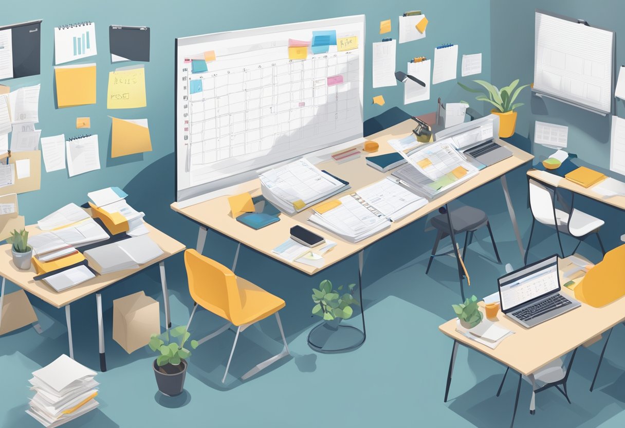 A cluttered desk with a calendar, to-do list, and various project documents. A team meeting in progress with a whiteboard full of tasks and timelines
