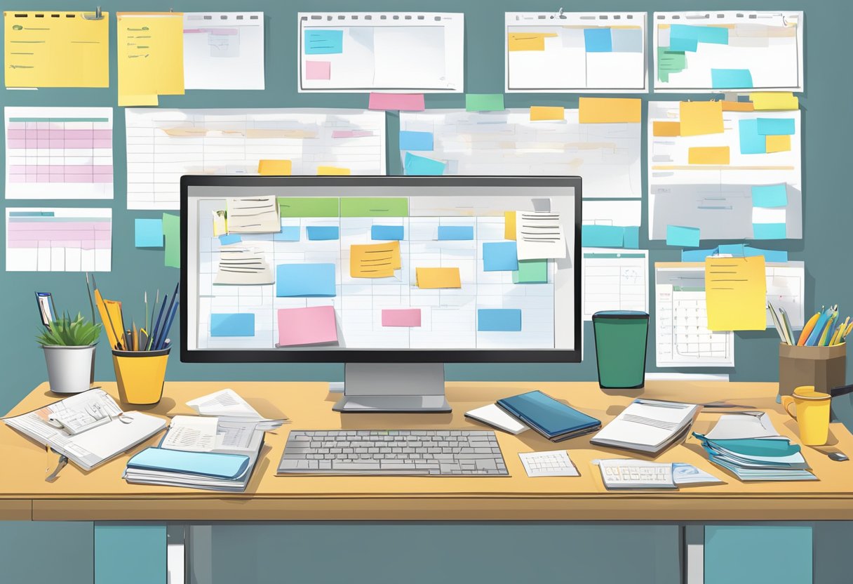 A cluttered desk with a computer, notebook, and calendar. Post-it notes and a whiteboard with project timelines and tasks. A team meeting in progress with charts and graphs on the wall