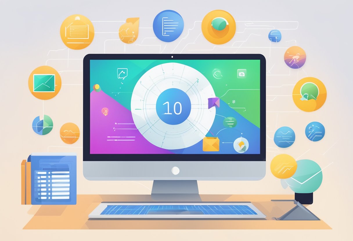 A computer screen displaying top 10 SaaS project management software logos with a chart ranking and positive user reviews