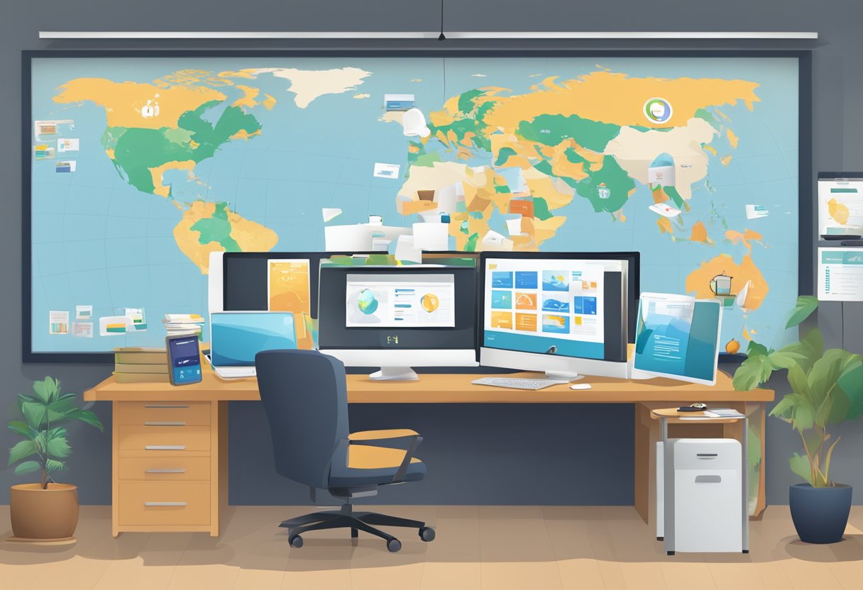A travel agency office with 9 CRM software logos displayed on a computer screen. A desk with a phone and paperwork, and a world map on the wall