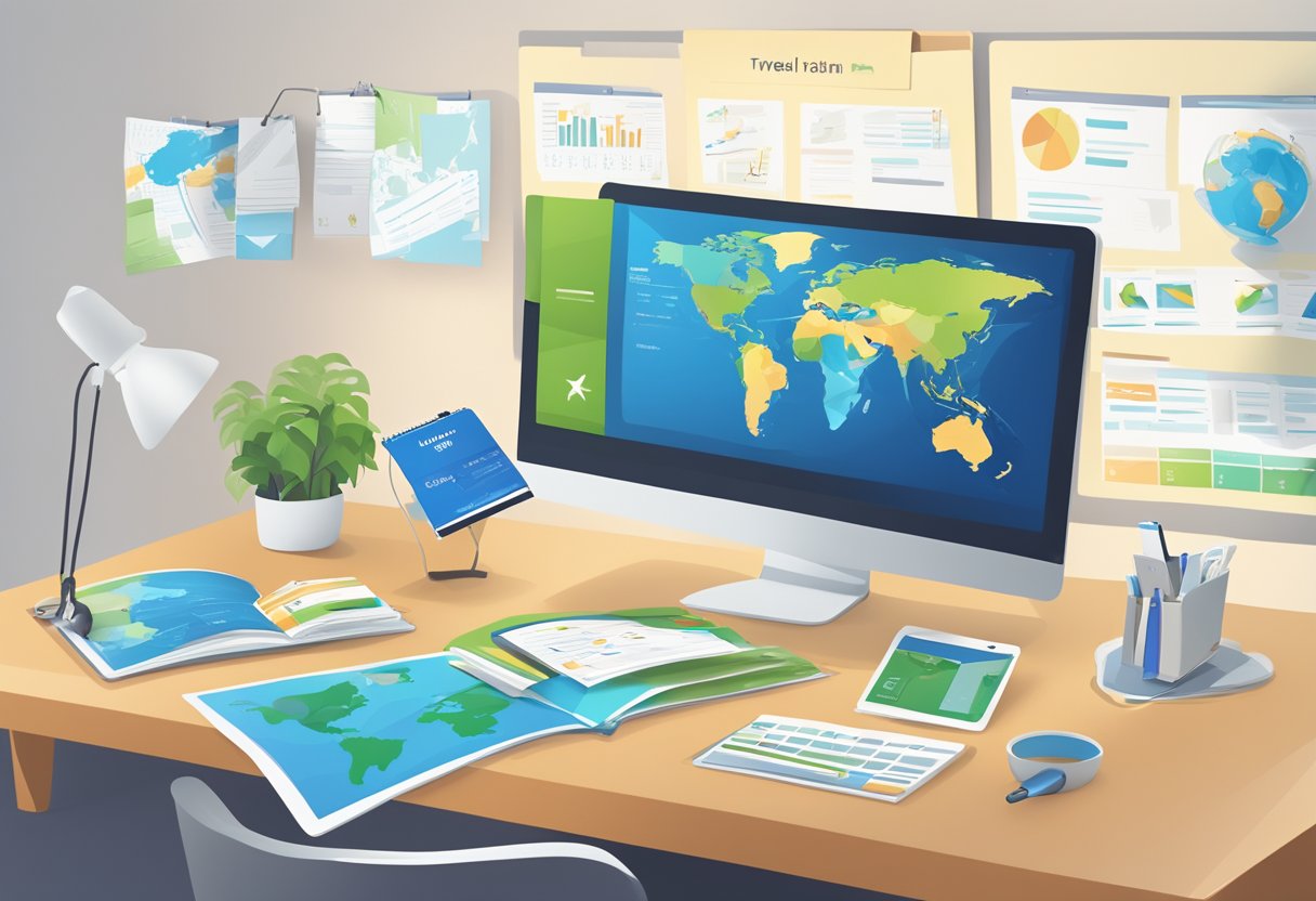 A desk with a computer displaying travel CRM software. A phone and calendar are nearby. A world map and travel brochures decorate the desk