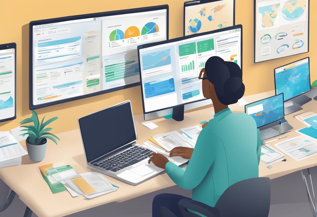A travel agent sits at a desk, surrounded by computer screens and paperwork, comparing different CRM software options. A list of "9 Best Travel CRM Software" is displayed on one of the screens