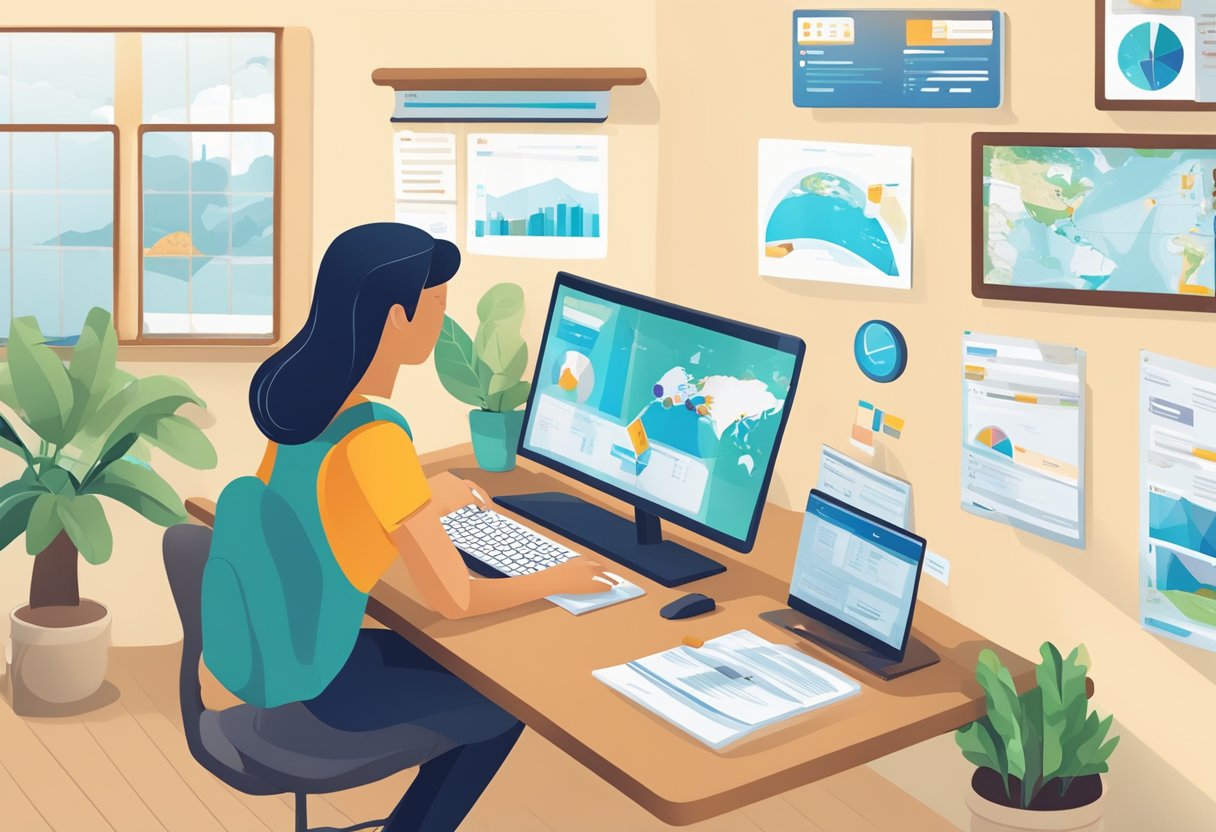 A travel agent sits at a desk, using a CRM software to manage customer bookings and inquiries. The software interface displays various tools and features for efficient travel agency management