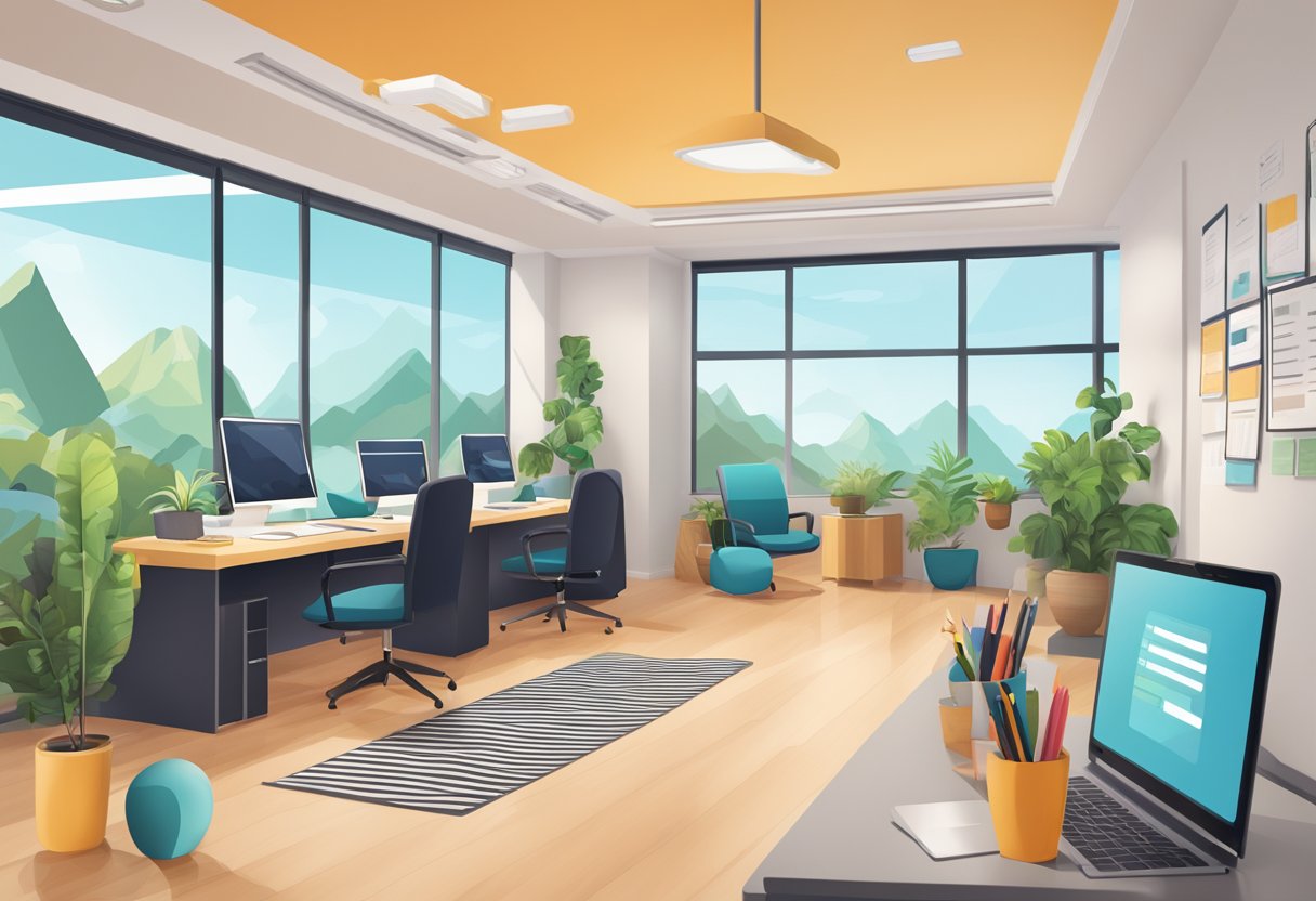 A travel agency office with a computer screen displaying "Frequently Asked Questions 9 Best Travel CRM Software" and a desk with office supplies