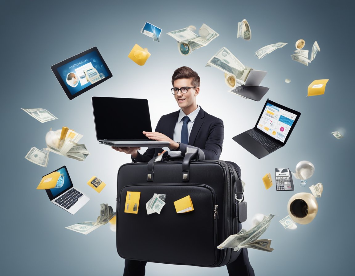 A person juggling multiple part-time job offers, with various career-related objects (e.g. briefcase, laptop, uniform) scattered around them