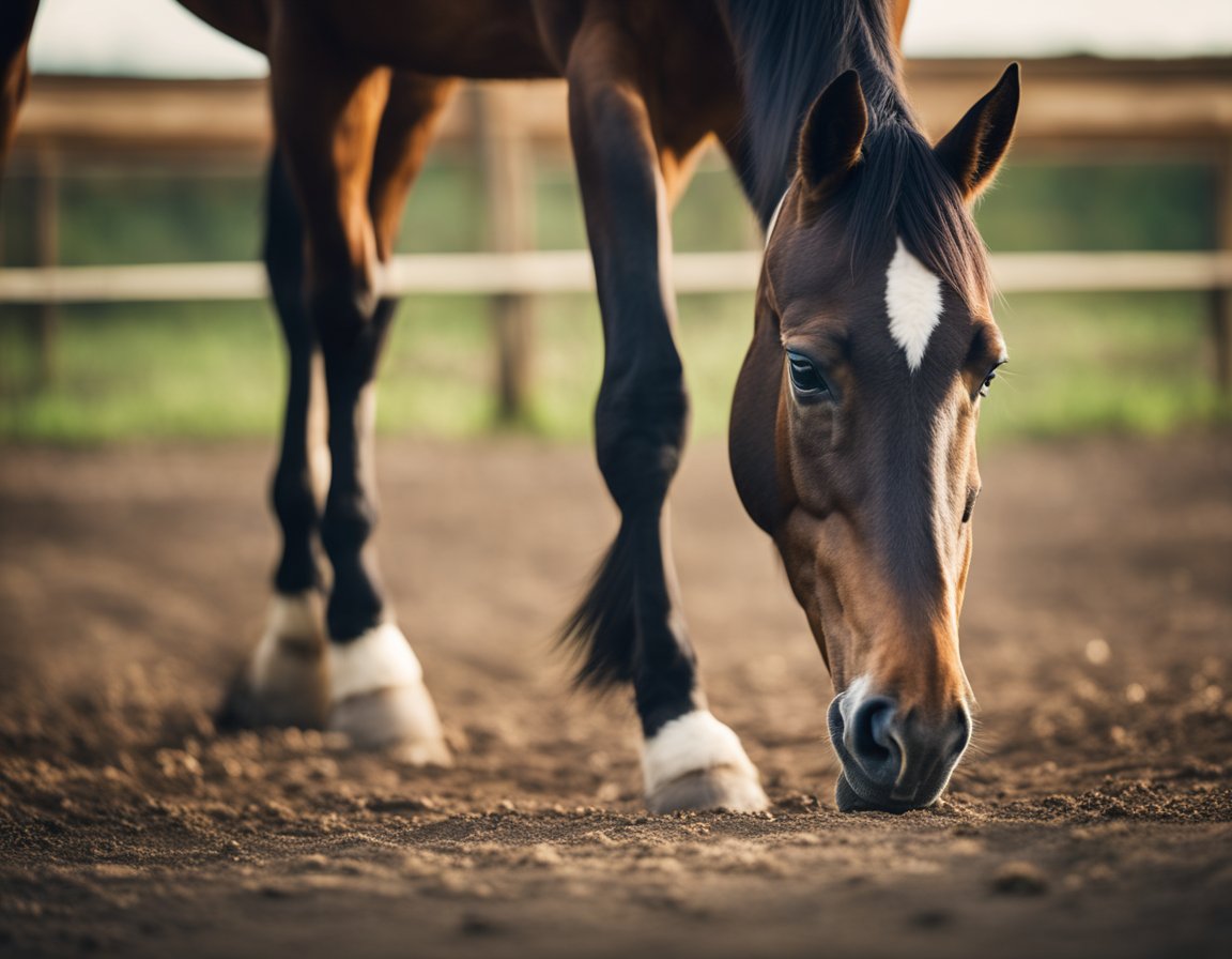 A distressed horse stands with its head lowered, favoring its front hooves. The animal shows signs of laminitis, with a strained and uncomfortable expression