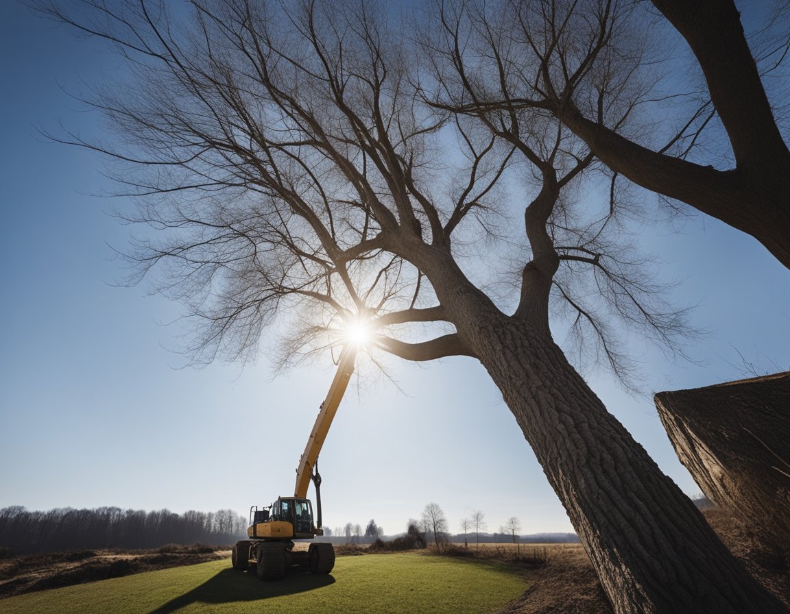 A tree being removed in a bare winter landscape, with a clear sky and minimal foliage, indicating the cheapest time of year for tree removal