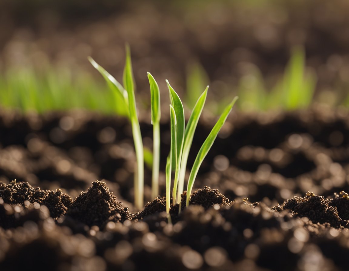 Kentucky bluegrass seeds sprout from the soil, pushing through the earth with tiny green shoots emerging, as they begin their germination process