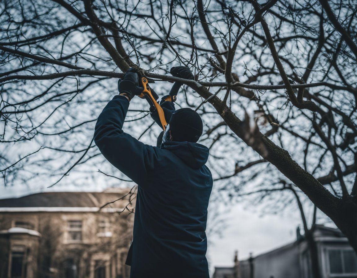 A maple tree being pruned in late winter, with a person using sharp shears to trim away dead or overgrown branches