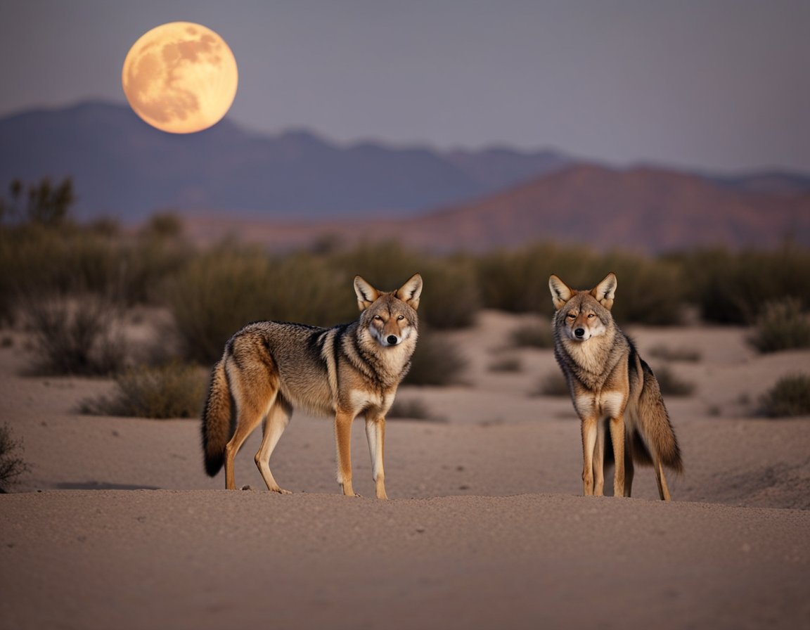 Coyotes howling under a full moon in a barren desert landscape
