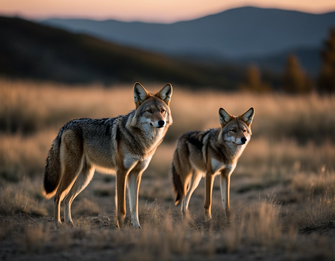 Coyotes roam at dusk, sniffing for prey. Their keen senses make them elusive. A full moon illuminates the landscape