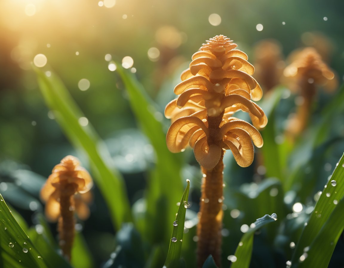 A vibrant field of cordyceps mushrooms bathed in soft morning light. Dew glistens on the delicate caps, signaling the perfect time for harvesting