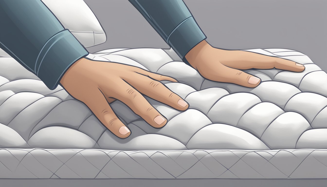 A hand gently pressing down on a plush pillow top mattress to make it softer