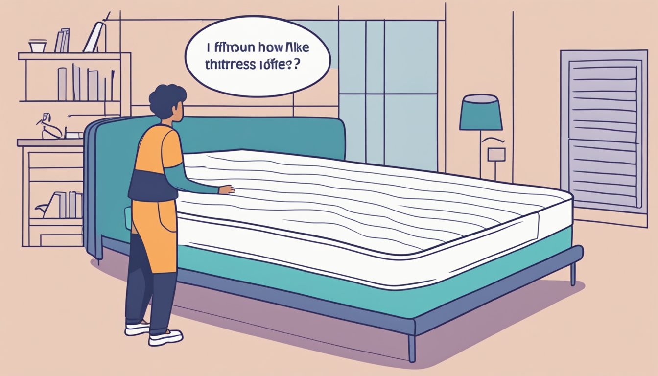 A person pressing down on a mattress with their hands, testing its firmness. A thought bubble shows them wondering how to make the mattress softer