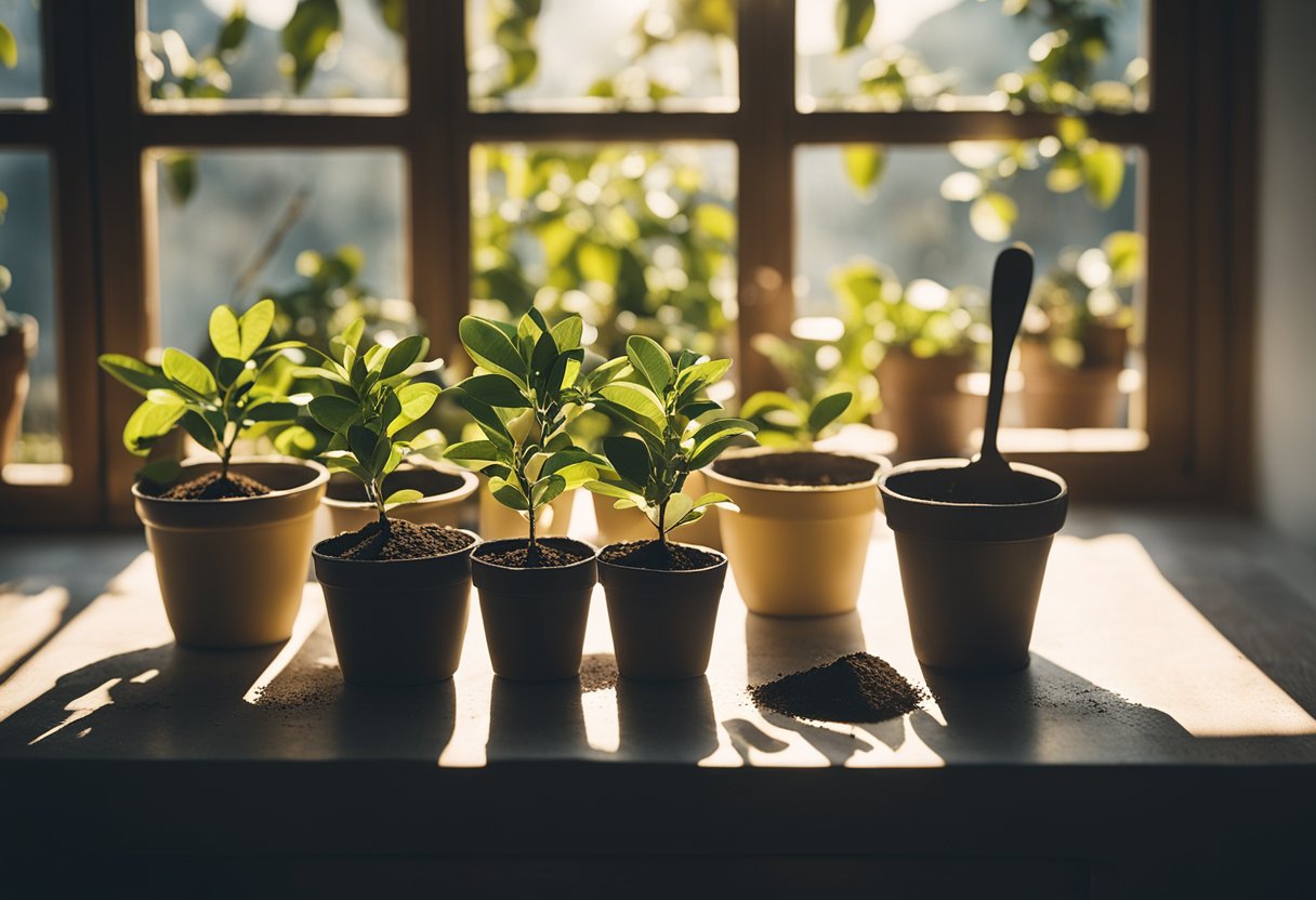 A table with various sized pots, soil, and a lemon tree. A person's hand holding a small shovel. Bright sunlight streaming in through a window