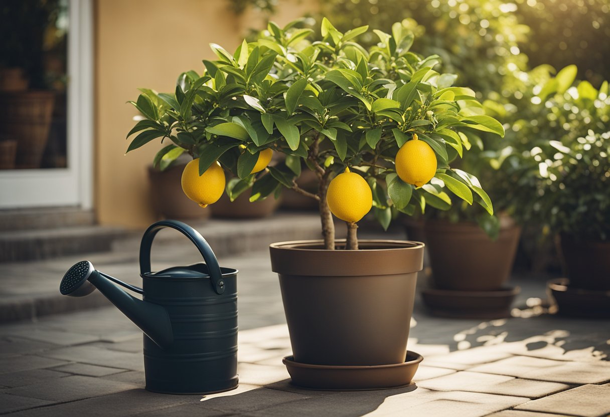 A potted lemon tree with lush green leaves, small yellow fruits, and a watering can nearby on a sunny patio