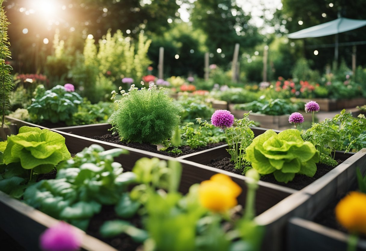 Lush garden with raised beds, vibrant flowers, and thriving vegetables. Slime trails and chewed leaves are absent, indicating successful natural pest control