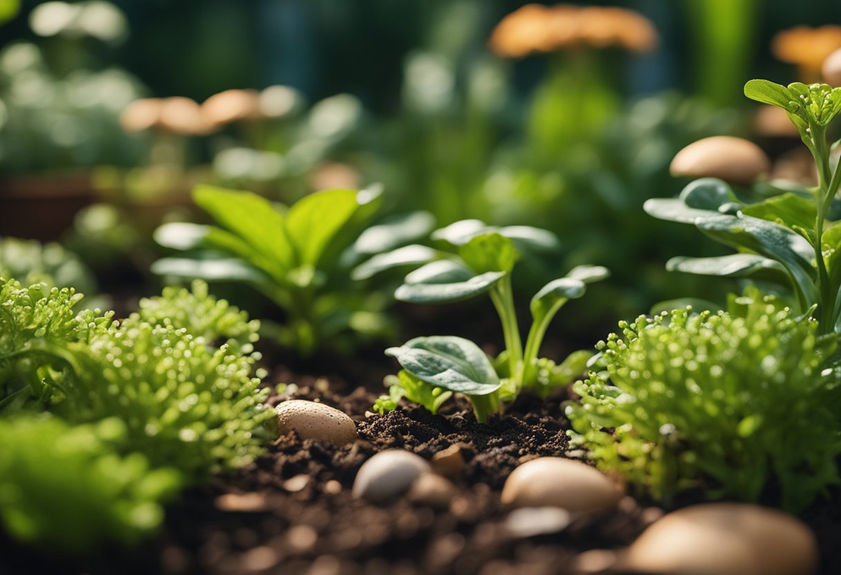 A lush garden with vibrant plants, surrounded by natural deterrents like crushed eggshells and copper tape, keeping pesky slugs at bay