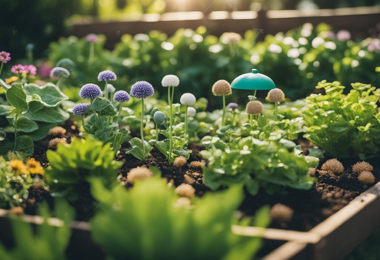 A thriving garden with vibrant plants and no sign of slugs or snails. Natural deterrents like crushed eggshells and copper barriers are strategically placed around the garden beds